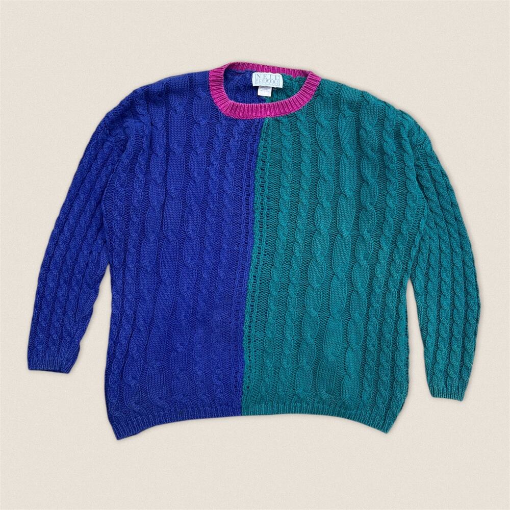 Vintage 90s Split Color Block Funky Oversized Sweater Nell Flowers - Size Small